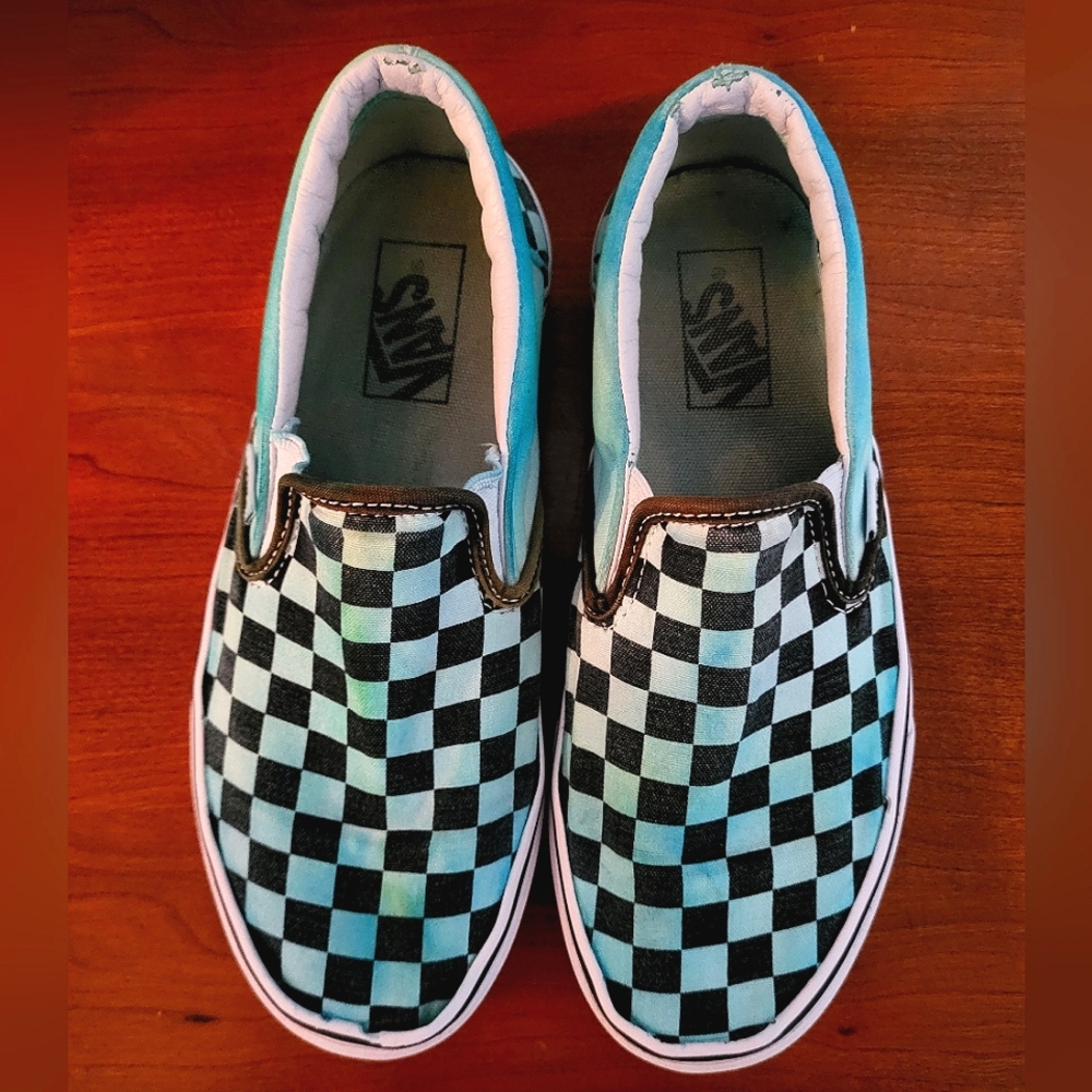 Vans aqua and black checkered slide ons
